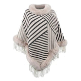 Drizzling Fur Collar Pullover Tassel Knitted Cape For Women-Apricot-7