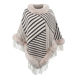 Drizzling Fur Collar Pullover Tassel Knitted Cape For Women