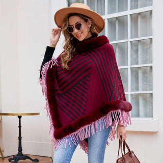 Drizzling Fur Collar Pullover Tassel Knitted Cape For Women