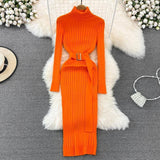 Elastic Tight-fitting Knitted Buttock Dress-Orange-11