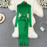 Elastic Tight-fitting Knitted Buttock Dress-Green-8