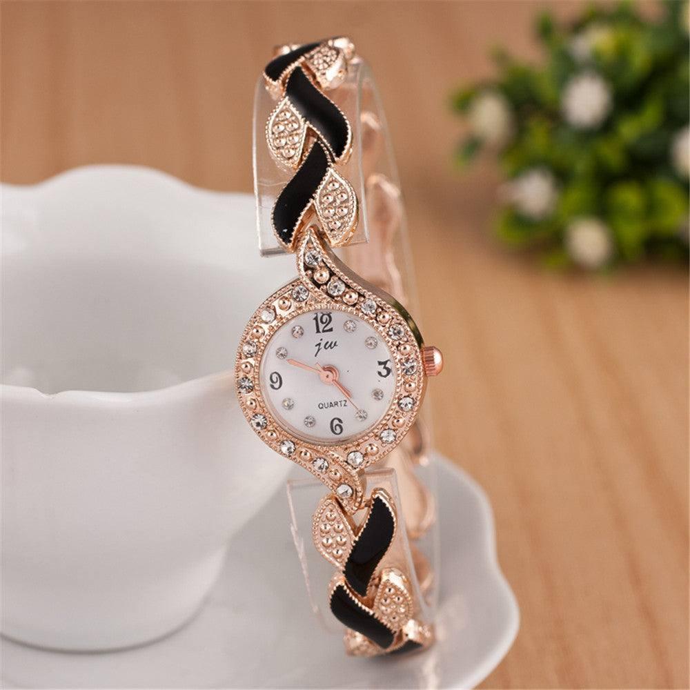 Elegant Crystal Quartz Ladies' Rose Gold Watch-Black-8