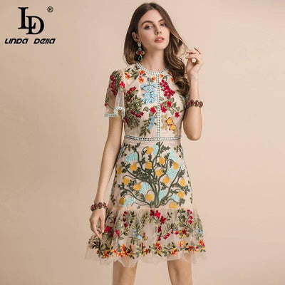 LD LINDA DELLA New 2023 Fashion Runway Summer Dress Women's Flare Sleeve Floral Embroidery Elegant Hollow Out Midi Dresses-1