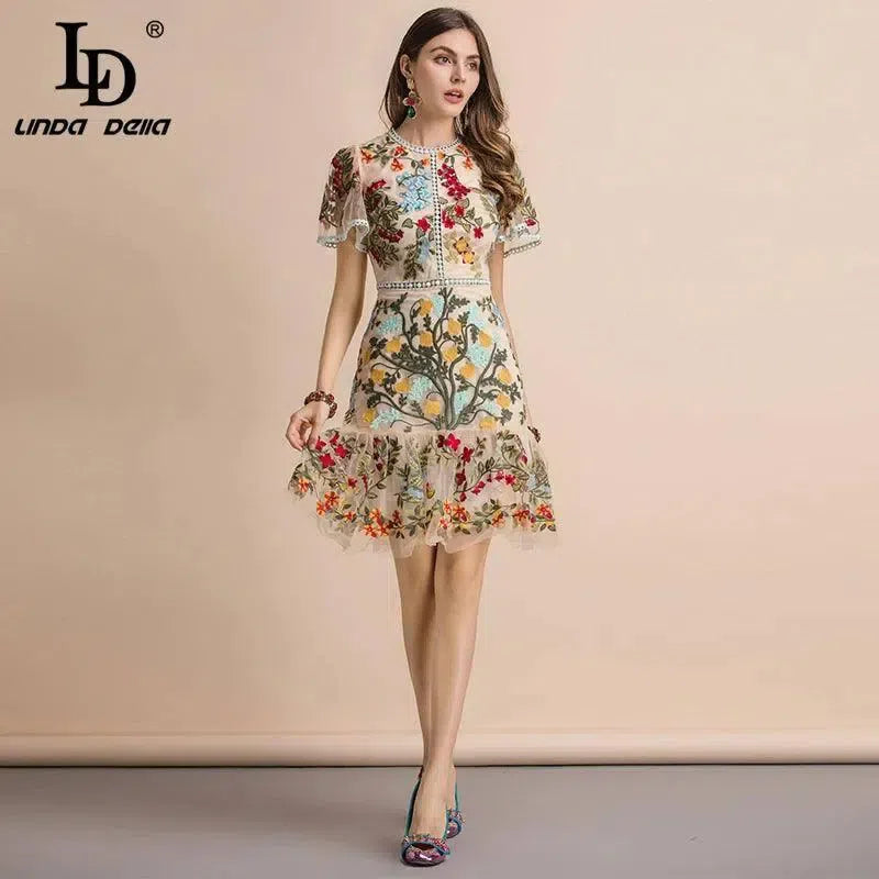 LD LINDA DELLA New 2023 Fashion Runway Summer Dress Women's Flare Sleeve Floral Embroidery Elegant Hollow Out Midi Dresses-3