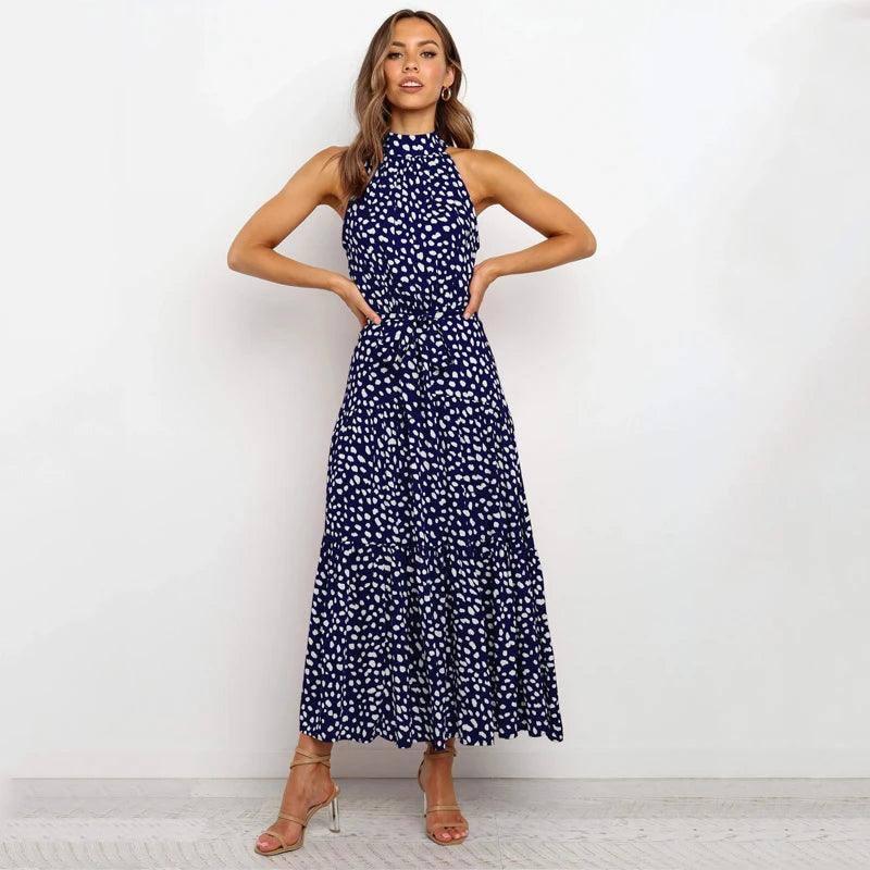 Summer Long Dress Polka Dot Casual-Royal Blue-3