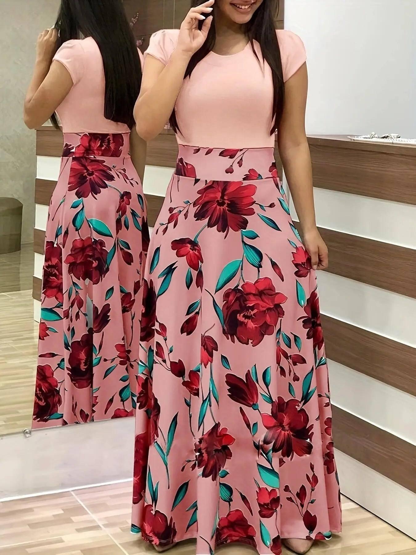Elegant Floral Maxi Dress for Spring Events-Pink-2