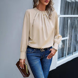 Elegant Lace Collar Long Sleeve Solid Color Top-Khaki-3