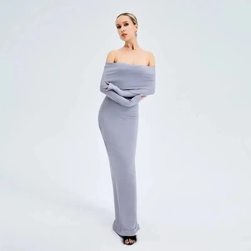 Elegant Off-shoulder Long-sleeved Long Dress-2