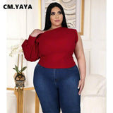 CM.YAYA Plus Size XL-5XL One Shoulder Sleeve Skew Neck Blouses and Shirt Tops-5