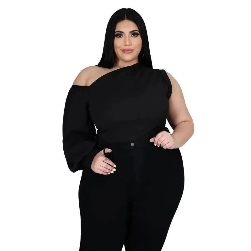 CM.YAYA Plus Size XL-5XL One Shoulder Sleeve Skew Neck Blouses and Shirt Tops-black-7