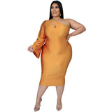 CM.YAYA Plus Size 2XL-5XL Women Dress Autumn Club Party One Shoulder Long Sleeve Cut Out Bodycon Midi Dress Pencil Dresses-Gold-8