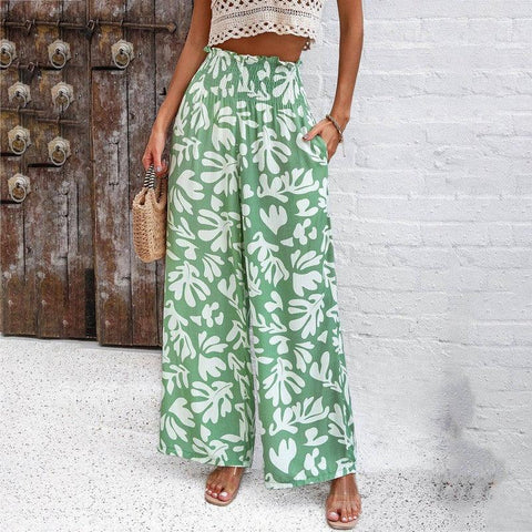Elegant Printed Trousers Summer Loose Elastic High Waist-Green-5