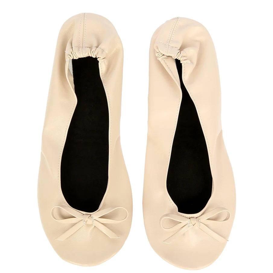 Elegant Satin Ballet Flats with Matching Pouch-Beige-10