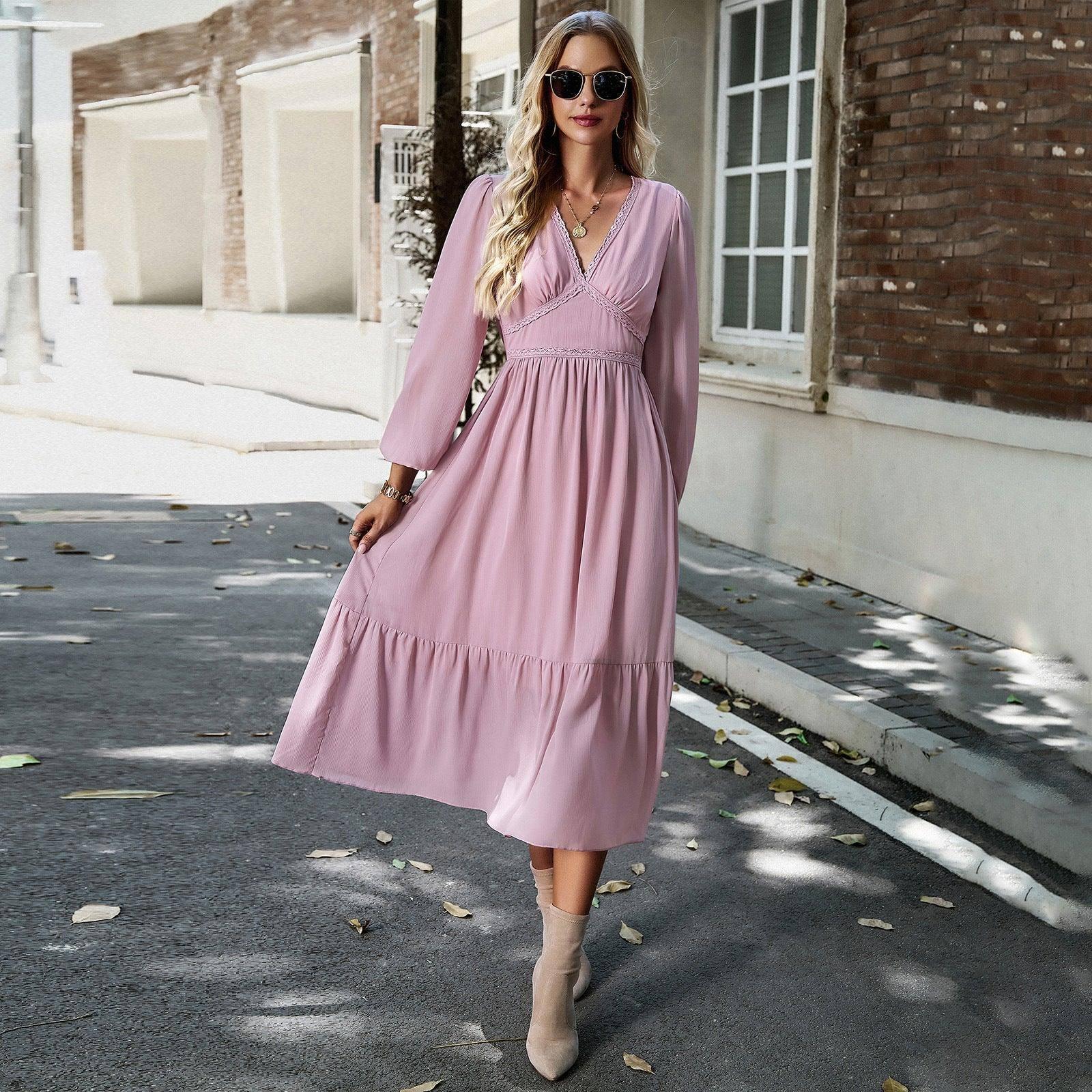 Elegant Solid Color And V-neck Long Dress-Pink-3