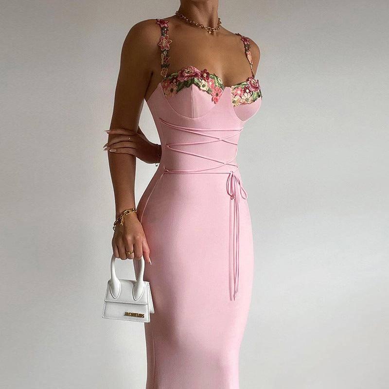 Embroidered Flower Suspender Dress Summer Fashion Lace-up-Pink-4