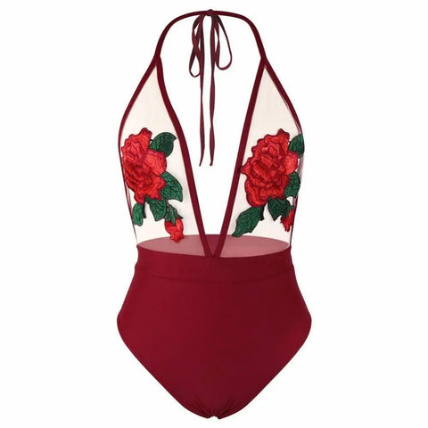 Embroidered Halter Sexy Lingerie Siamese Bikini-Red-3