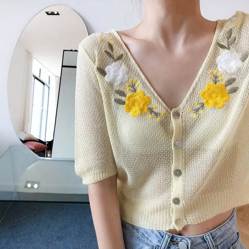 LOVEMI - Embroidered Knitted Sun Protection Top With Vintage