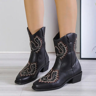 Embroidery Western Boots Chunky Mid Heel Cowboy Boots Women