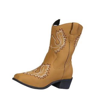 Embroidery Western Boots Chunky Mid Heel Cowboy Boots Women