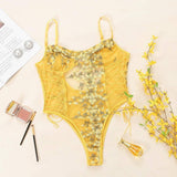 Erotic Lingerie Lace Flower Embroidery Lace-Up Sexy-Yellow-7
