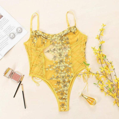 Lingerie Lace Flower Embroidery Lace-Up-Yellow-7