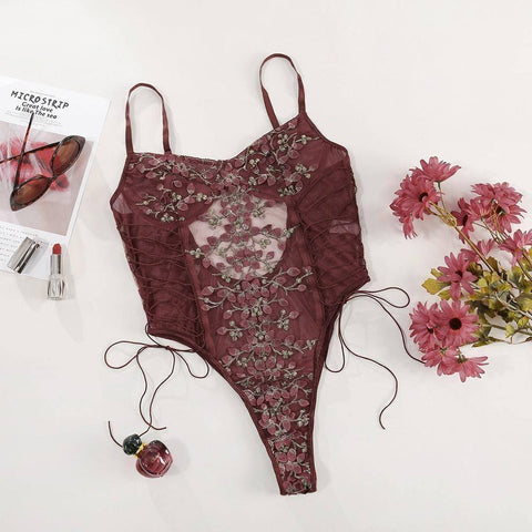 Erotic Lingerie Lace Flower Embroidery Lace-Up Sexy-Wine Red-8