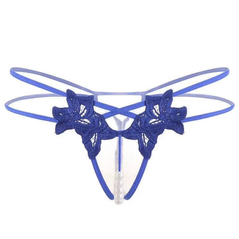 Erotic Lingerie Sexy Embroidered Women's Thong-Blue-1