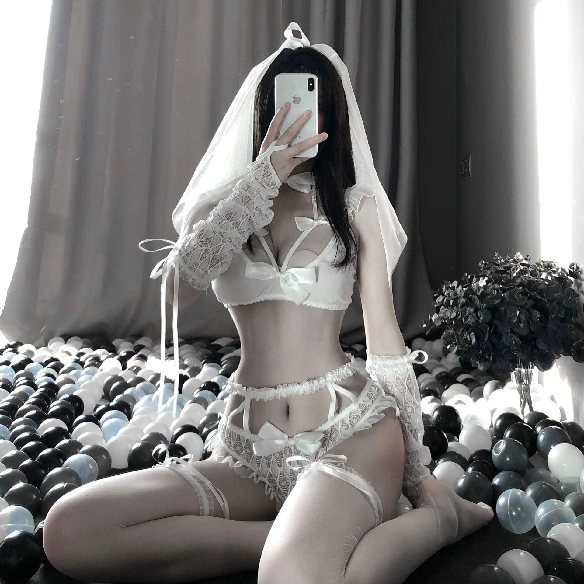 LOVEMI  Erotic lingerie Whitewithsock / One size Lovemi -  New Sexy Lingerie Sexy Three-Point Lace Bridal Dress With