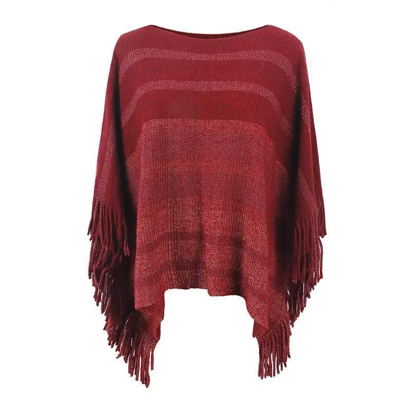 Europe And America Cross Border Off-neck Tassel Shawl For-Wine Red-5