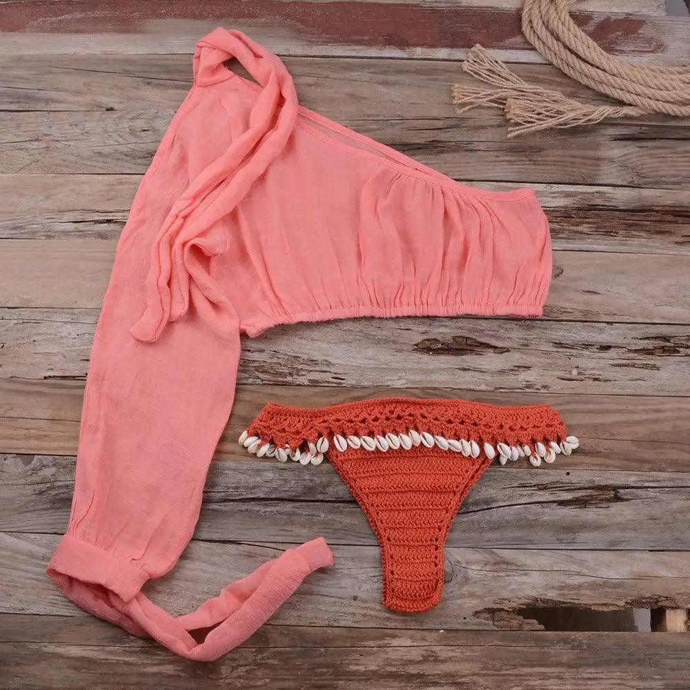 European and American beach bikini split shell suit-Watermelonred-3