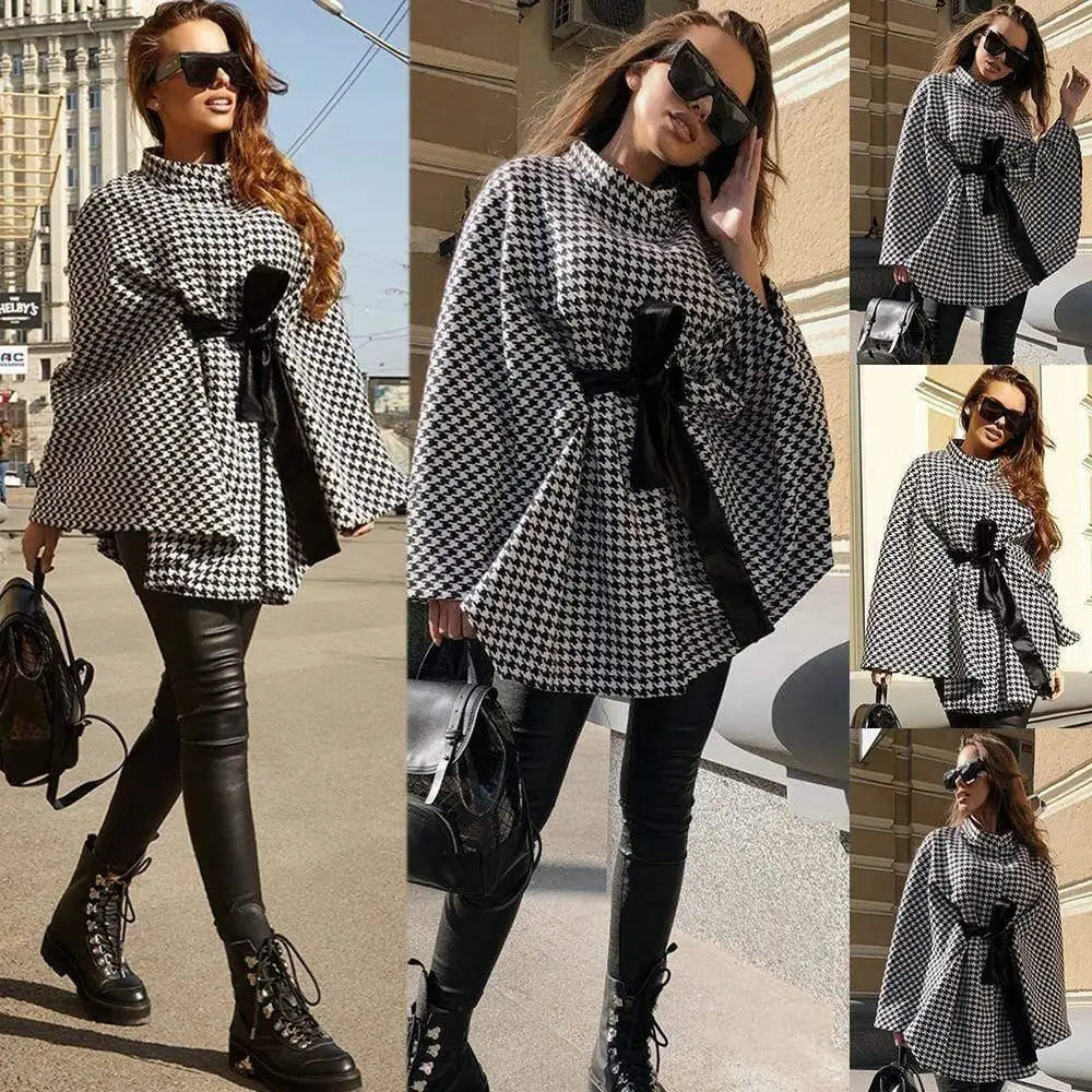 LOVEMI - European And American Coat Houndstooth Woolen Cloth Loose