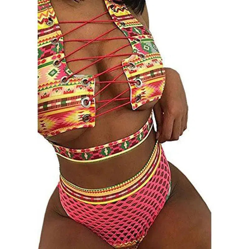 European And American High Waist Mesh Bikini Strap Hollow-Multicolor-3