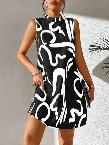 European And American Printed Stand Collar Dress-Black-7