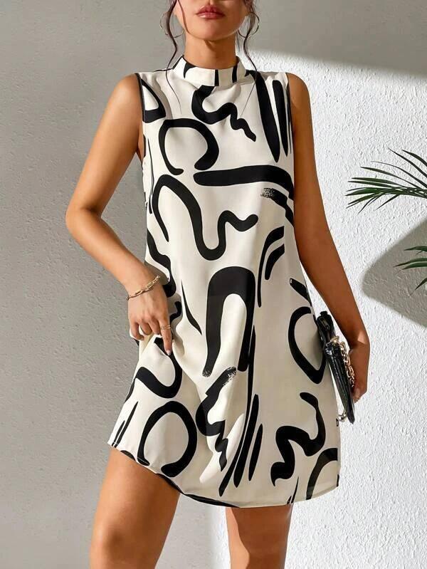 European And American Printed Stand Collar Dress-Beige-9