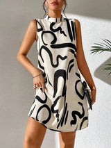 European And American Printed Stand Collar Dress-Beige-9