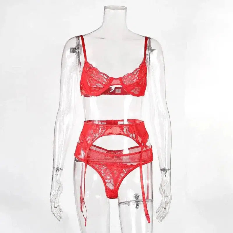 European and American lingerie lace three-piece women-Red-5