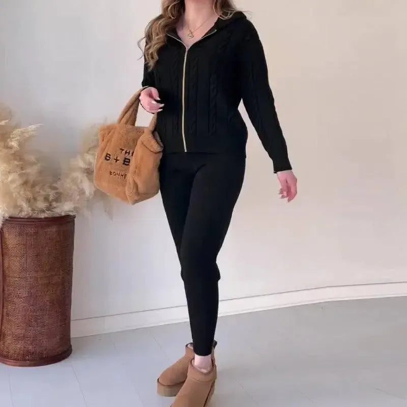 European And American Solid Color Thick Rope Twist Zipper Hooded Casual Sweater Suit-10