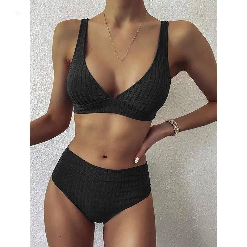 European And American Swimwear Women'S Ribbed High-Waisted-Black-3