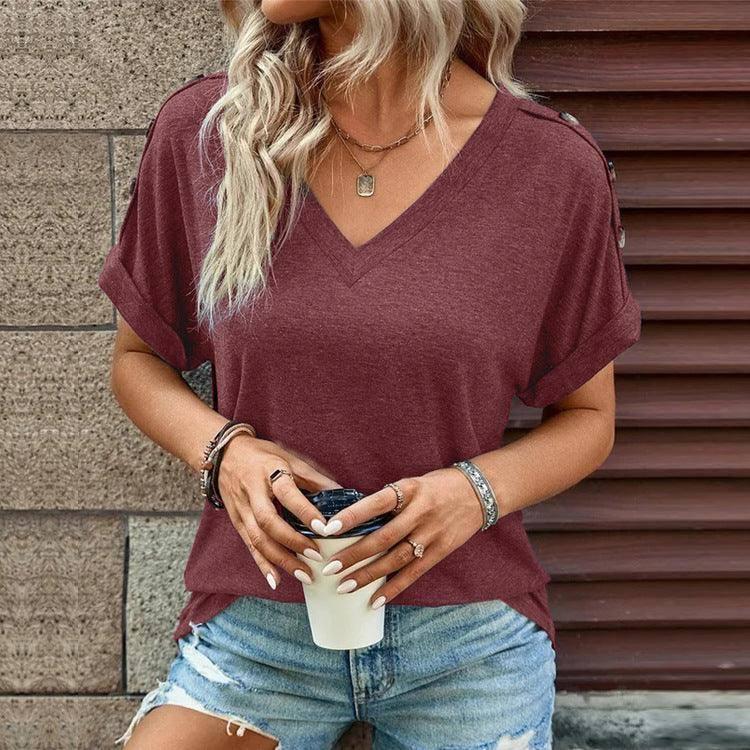 European And American Top Solid Color Button Fashion Short-Wine Red-12