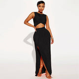 European And American Women's Clothing Slit Dress Two-piece-Black-3