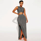 European And American Women's Clothing Slit Dress Two-piece-Gray-4