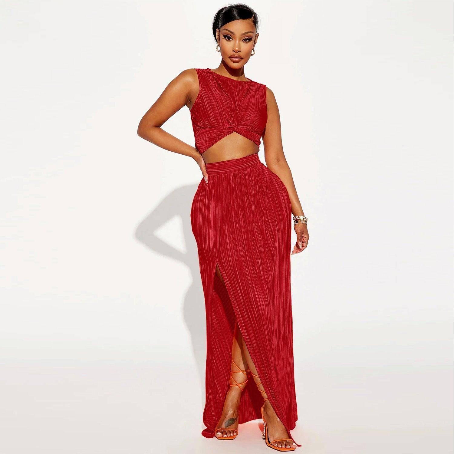 European And American Women's Clothing Slit Dress Two-piece-Red-5