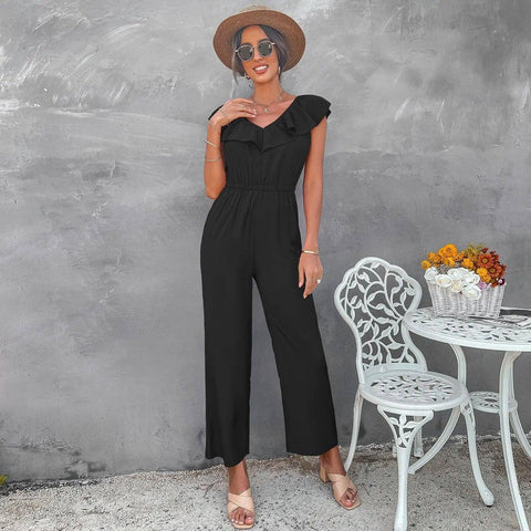 European And American Women's Solid Color Open Back Jumpsuit-Black-3
