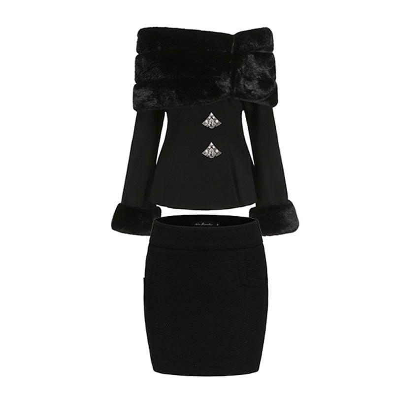 LOVEMI  Evening Dresses Lovemi -  Women's Fashion Casual Off-shoulder Imitation Fox Fur Rhinestone Coat Short Skirt Two-piece Set