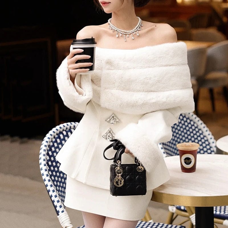 LOVEMI  Evening Dresses White / S Lovemi -  Women's Fashion Casual Off-shoulder Imitation Fox Fur Rhinestone Coat Short Skirt Two-piece Set