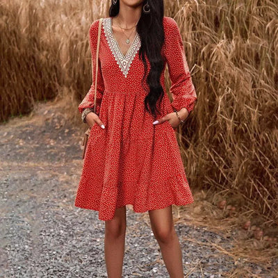 Fall Women's Temperament Leisure V-neck Long-sleeve Dress-Red-5