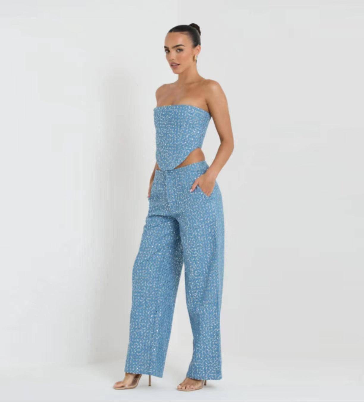 Fashion Denim Sequined Tube Top Wide Leg Pants Suit-7