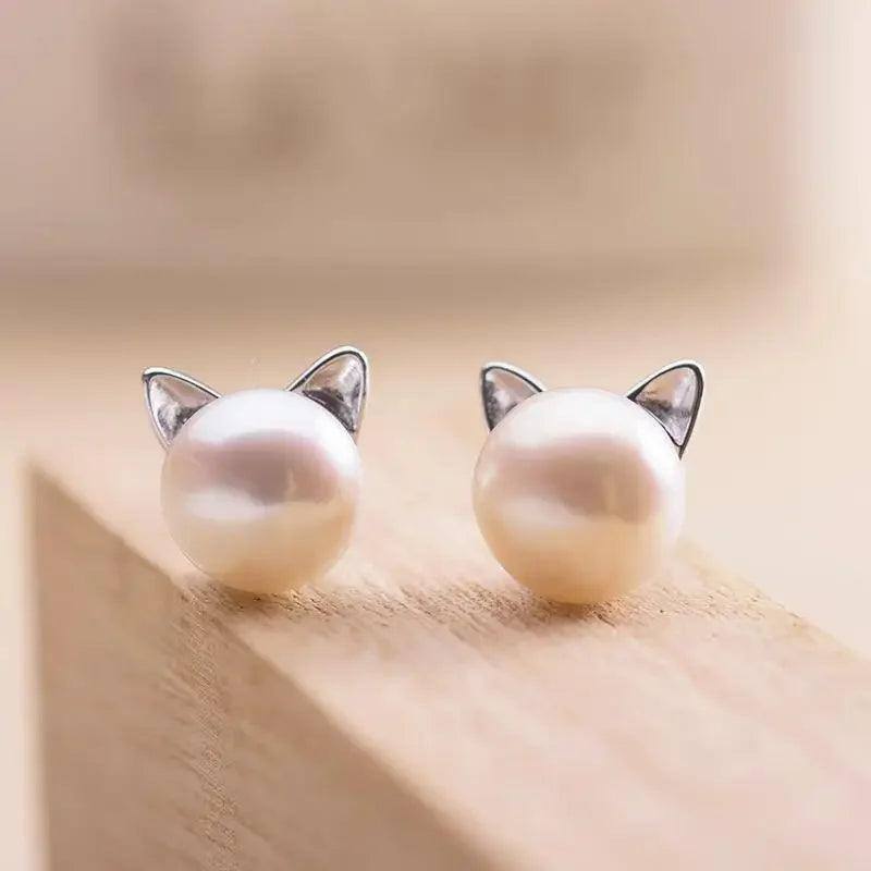 Fashion Earings Jewelry Silver Color Small Pearl Cat Stud-EJ282-5