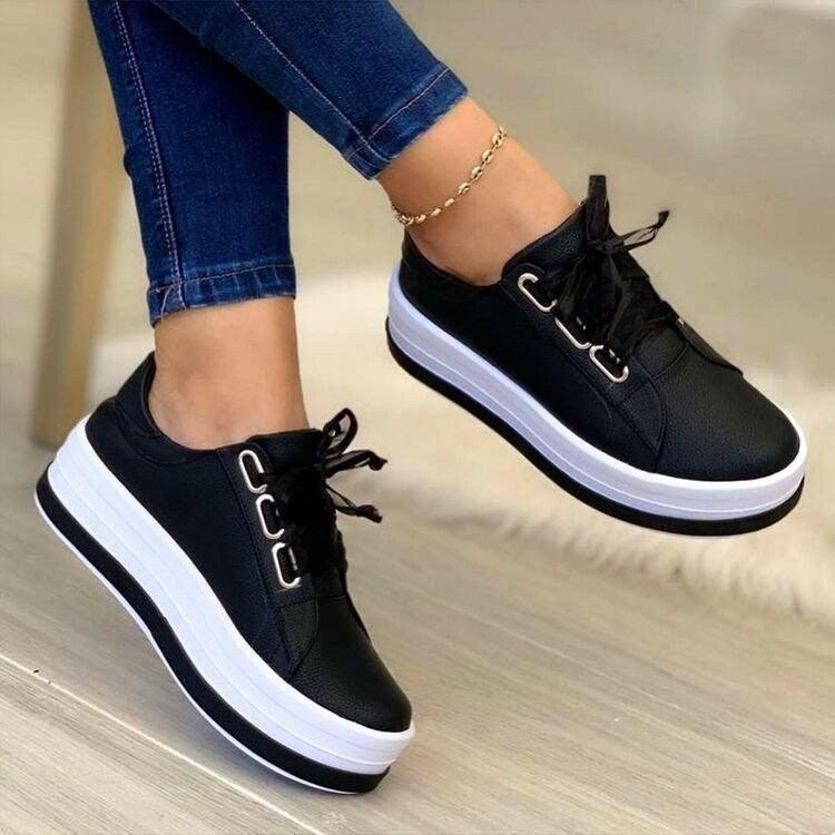Fashion Flats Sneakers Women Ribbon Lace-up Platform Shoes-Black-4