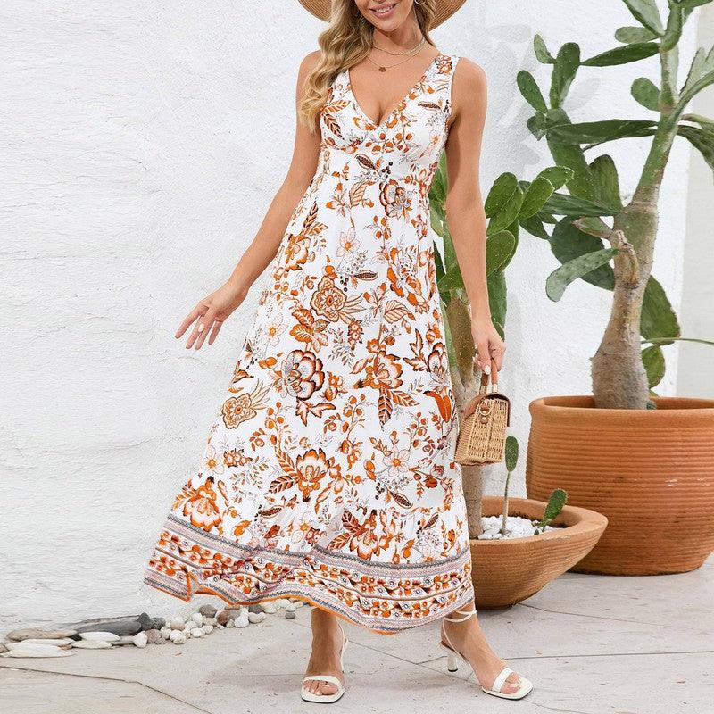 Fashion Floral Print V-neck Dress Summer Sexy Slim Fit-Orange-10